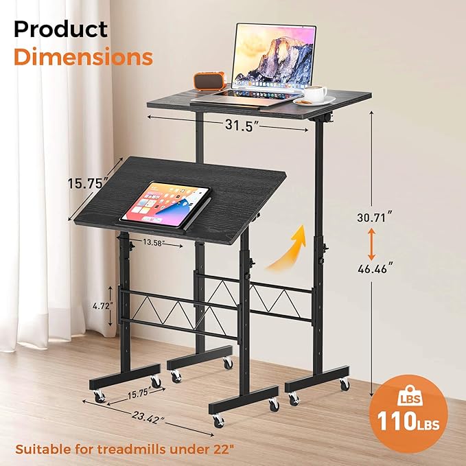 COMHOMA Small Standing Desk Adjustable Height & Tiltable Tabletop, Mobile Stand - Image 2