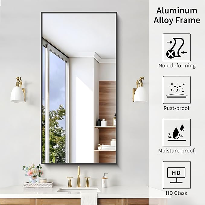 KOCUUY 24x48 Inch Large Black Wall Mounted Mirror, Aluminum Framed Decorative - Image 9