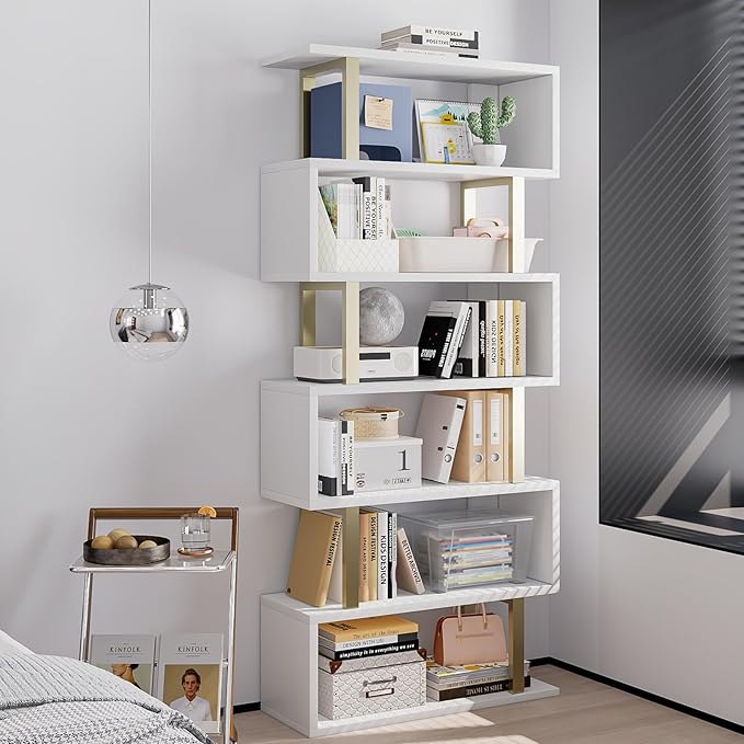 SORCEDAS Bookshelf Geometric Bookcase S Shaped Industrial Bookshelf Storage - Image 5
