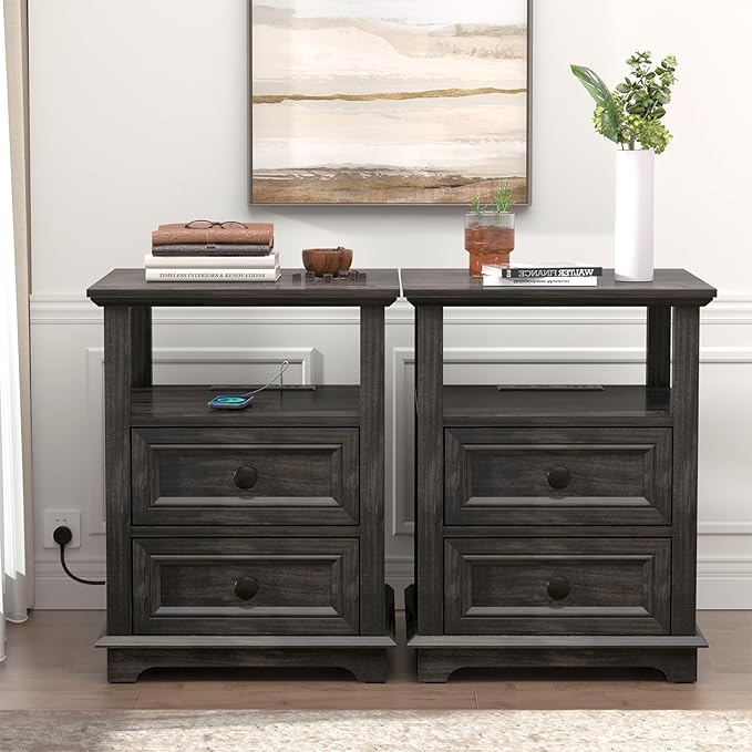 End Table with Fast Charging Station Set of 2, Large Storage Rustic Wood Square by Alwaysreadyforyou