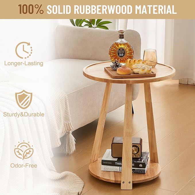 Uniclinens Round End Table, Solid Wood Round Side Coffee Table, Small Bedside - Image 4