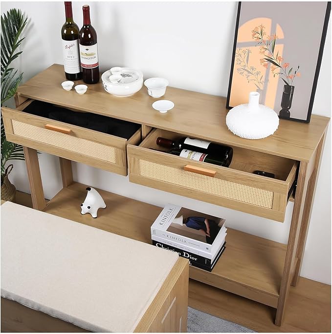 Console Table with Rattan Drawers Boho Entryway Table Narrow Long Sofa Table - Image 2