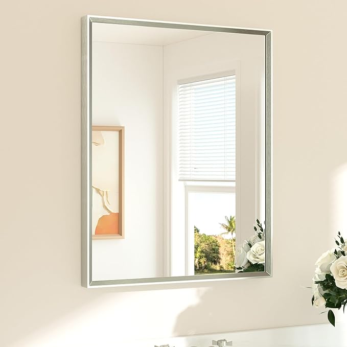 TETOTE Brushed Nickel Bathroom Mirror 24" x 30" Rectangle Beveled Frame by TETOTE