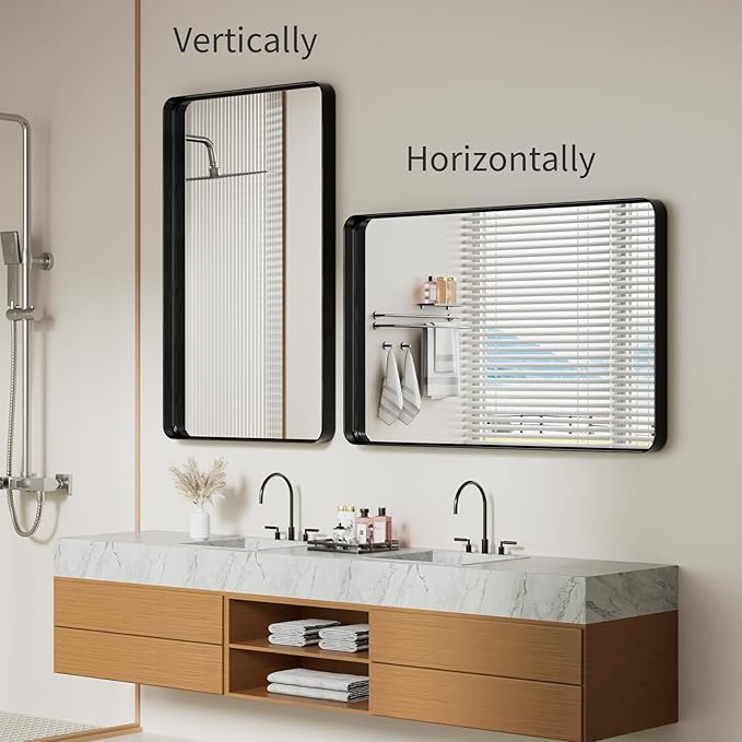 Koonmi Black Wall Mirror for Bathroom, 30x48 Inch Matte Deep Framed Rounded - Image 6