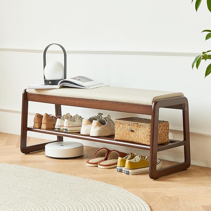 Solid Wood Shoe Bench, 2-Tier Wooden Storage Entryway Bench, Mid-Century Modern - Image 8