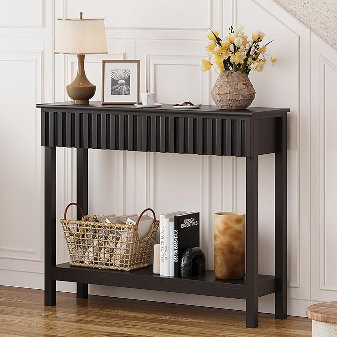 Fluted Console Table with 2 Drawers Narrow Sofa Table with Open Storage Shelf by TrironsunHome