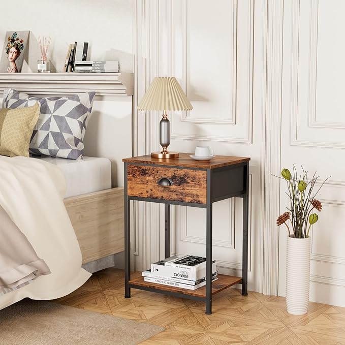 Furologee End Table with Storage Shelf and Fabric Drawer, 2 Tiers Industrial - Image 7