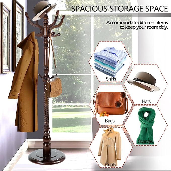 Coat Racks Free Standing with 14 Hooks, Natural Wood Coat Stands - Image 4
