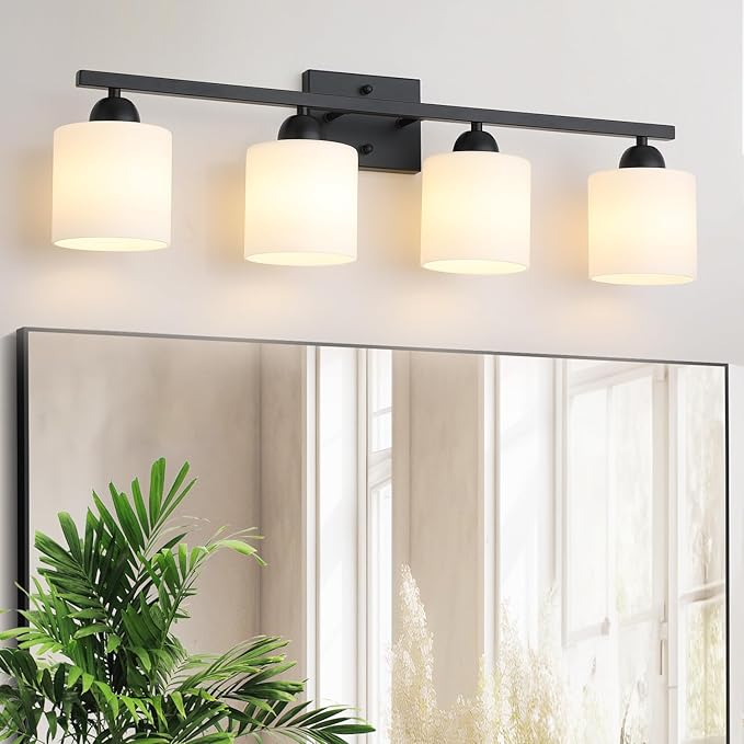 Milk Glass Vanity Lights for Bathroom, 4 Light Matte Black Bathroom Light by MecgirnLighting