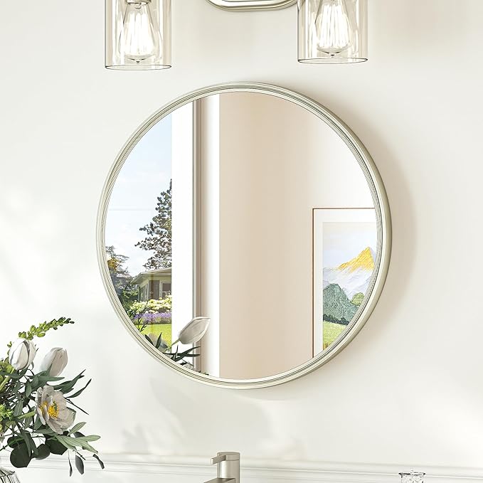 TokeShimi 18 in Round Brushed Nickel Mirror Bathroom, Shatterproof Bathroom by RefinedBathroomAccessories