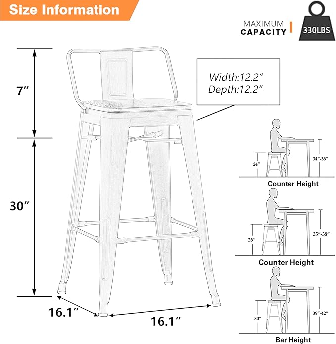 Yongchuang 30 inch Bar Stools Set of 4 Bar Height Metal Barstools - Image 3