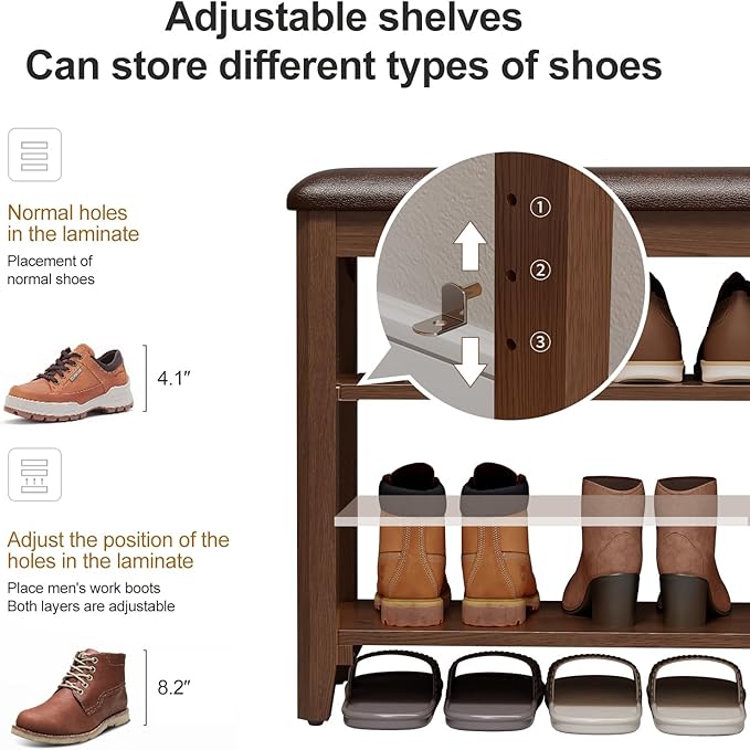 Shoe Bench with Leather Cushion, 3 Tiers Shoe Storage Bench Height Adjustable - Image 3