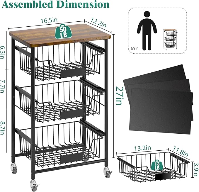 4-Tier Vegetable Fruit Basket Kitchen Storage Rolling Cart on Wheels - Image 6