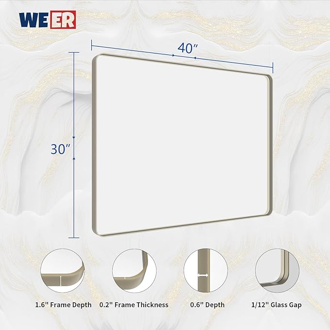 WEER 40X30 Inch Brushed Nickel Bathroom Mirror, Brushed Silver Metal Frame - Image 6