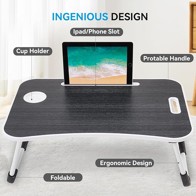 BUYIFY Folding Lap Desk, 23 Inch Portable Wood Black Laptop Bed Desk Lap Desk - Image 3