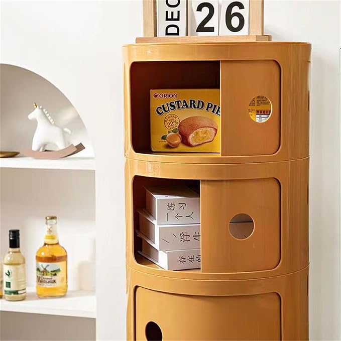 3 Tier Round Nightstand with Drawer, Ginger Yellow Round Side Table Small - Image 6