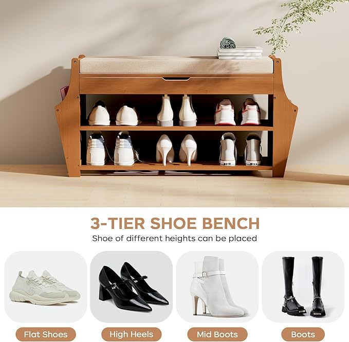 34.3in Shoe Bench, Bamboo 3-Tier Entryway Bench - Image 9