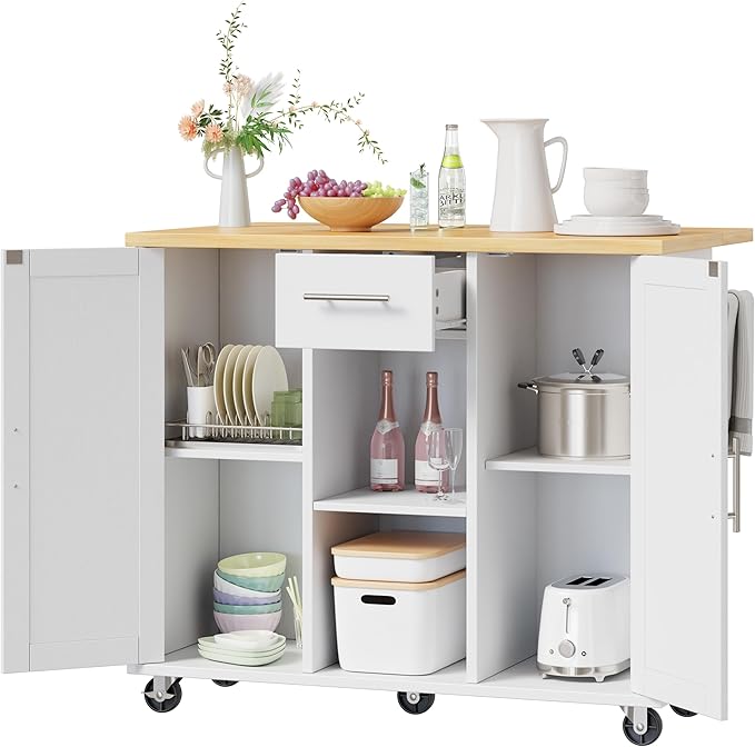 Shintenchi Kitchen Island with Storage, Bar Cart Cabinet Island Table on Wheels - Image 7