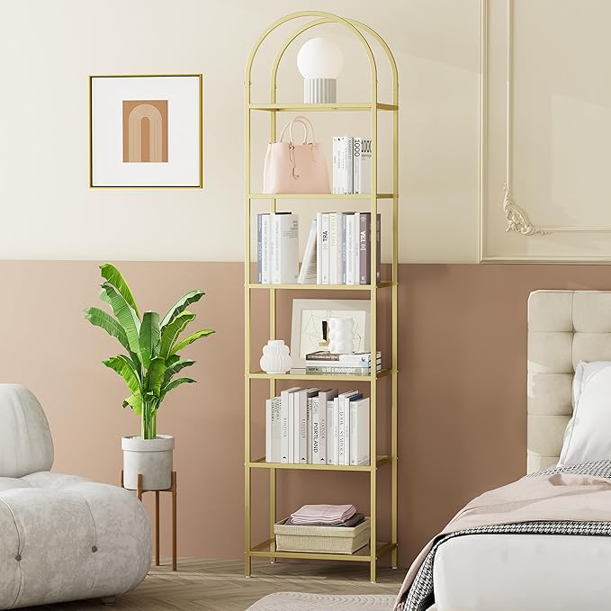 Homhedy Bookshelf Arched Display Racks, Metal Bookcase, Tempered Glass Shelves - Image 6