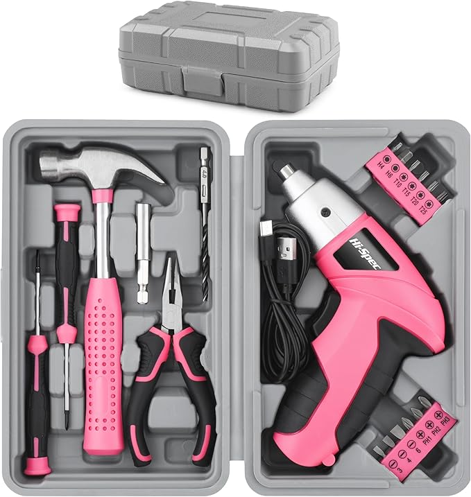 Hi-Spec 19pc 3.6V Pink USB Small Power Screwdriver & Home DIY Tool Kit Set. by Hi-SpecToolsUSA