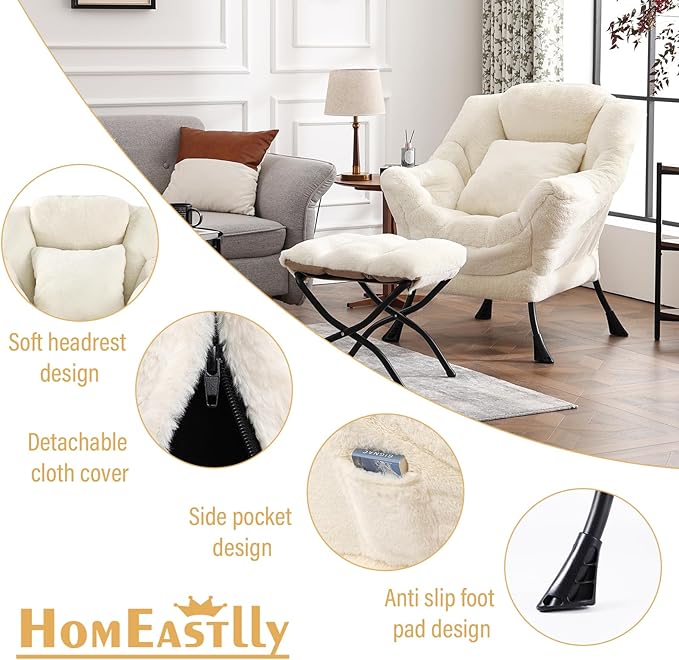 Large Lazy Chair with Ottoman, Accent Reading Chair with a Throw Pillow - Image 7
