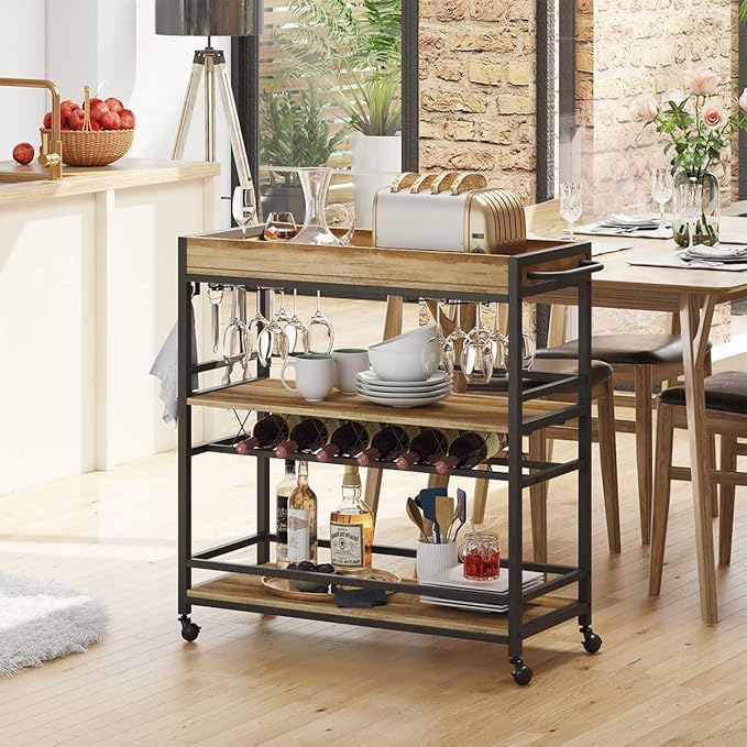 BON AUGURE Bar Cart for The Home, Bar Serving Carts on Wheels, 3 Tier Storage - Image 6