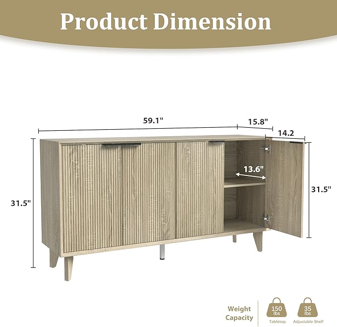 Fluted Cabinet with Storage, Buffet Storage with 4 Doors, Buffet Sideborad - Image 2