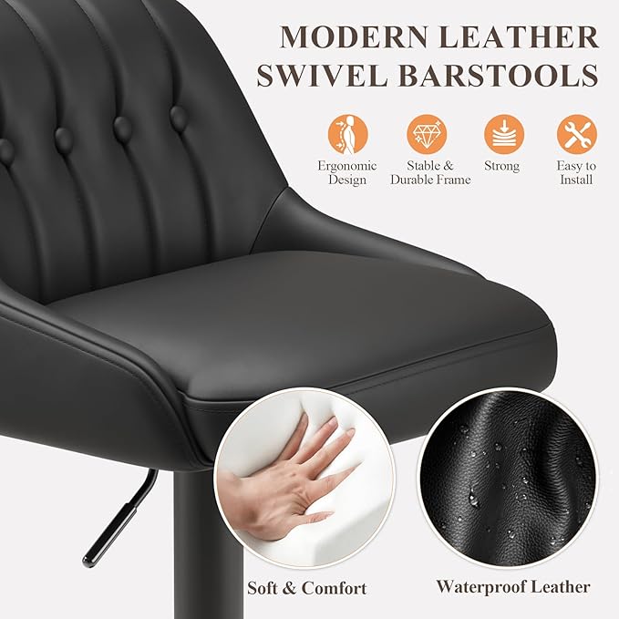 Bar Stools Set of 1, Swivel Bar Chairs, Modern Adjustable PU Leather - Image 6