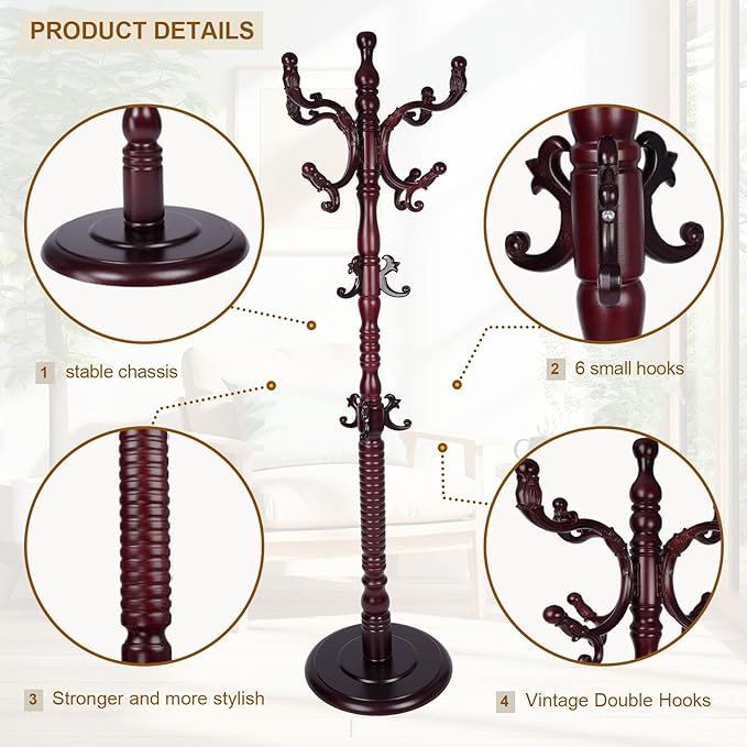Coat Rack Freestanding with 18 Hooks, Wooden Standing Coat Racks - Image 2