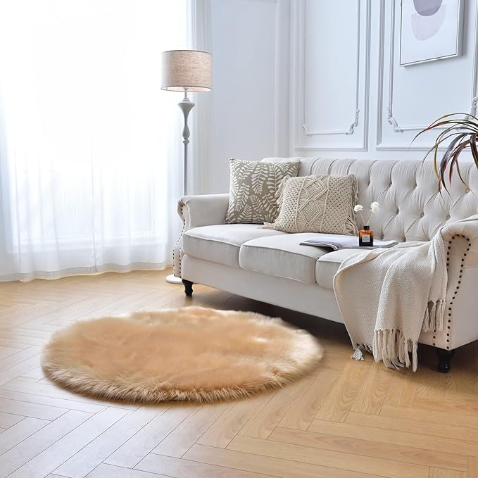 duduta Beige Faux Sheepskin Round Rug 4x4 ft, Fluffy Shag Fur Bedroom Nursery - Image 7