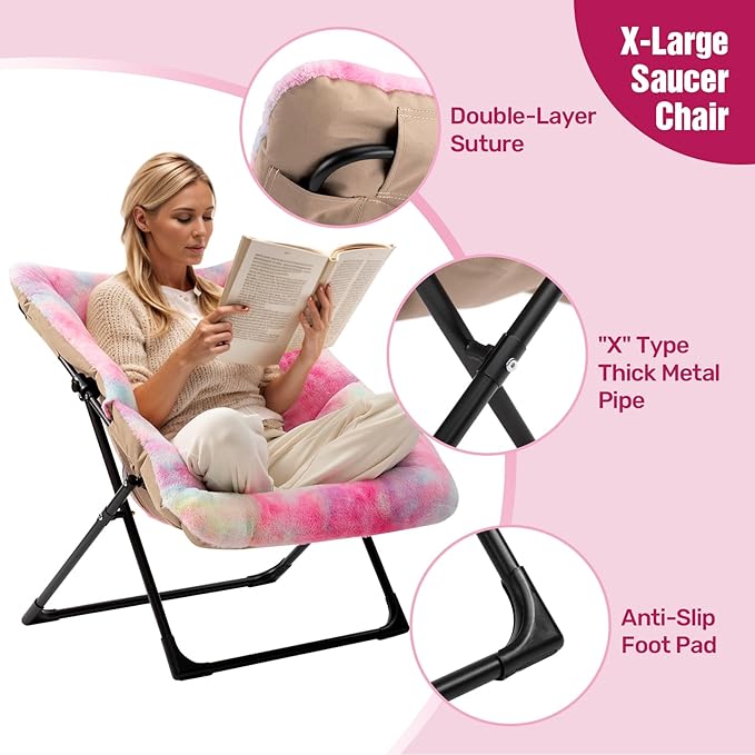 HollyHOME X-Large Saucer Chair, Comfy Oversized Folding Chair, Faux-Fur Reading - Image 5