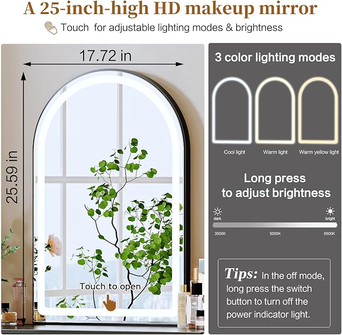 Black, Vanity Desk with Mirror and Lights, Makeup Vanity with Power Outlet and - Image 7