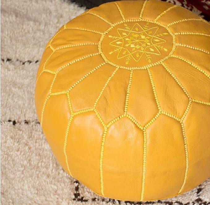 Stuffed Round Design Moroccan Leather Pouf Ottoman, Pre-Filled, 100% Genuine by Unknown