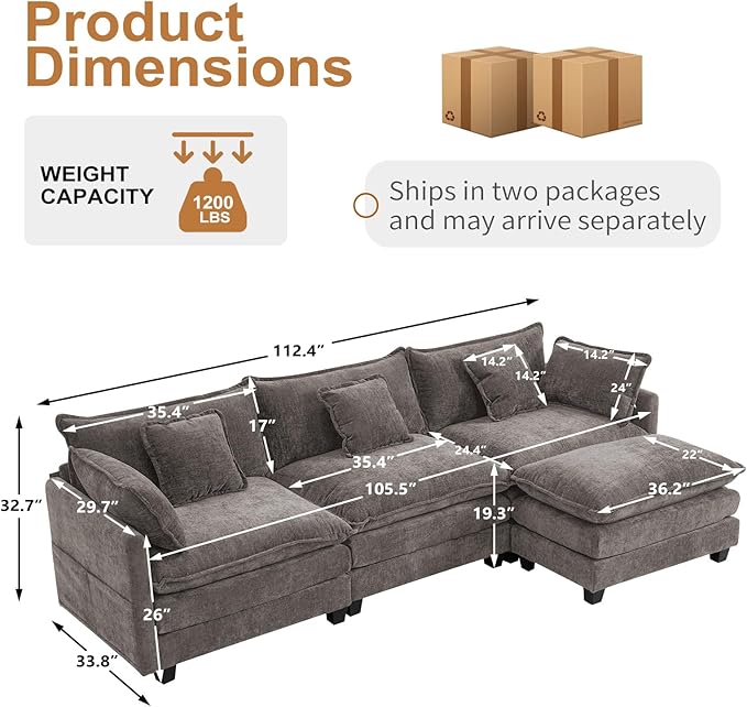 Furniliving 112‘’ L-Shaped Sofa, Luxury Chenille Modular Sectional Couches - Image 2
