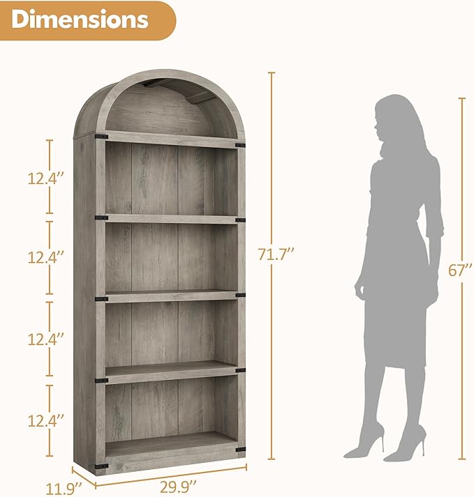 GarveeHome Bookcase 5 Shelf Arched Bookshelf 71.65in Tall Bookcase Farmhouse - Image 2