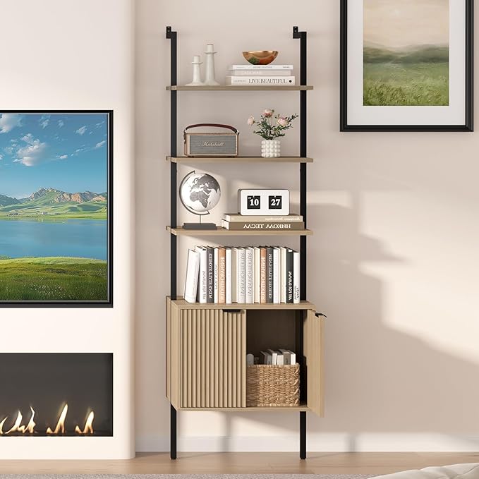 Yusong 73" Tall Bookshelf with Cabinet, Industrial Ladder Wall Mount Shelf - Image 8