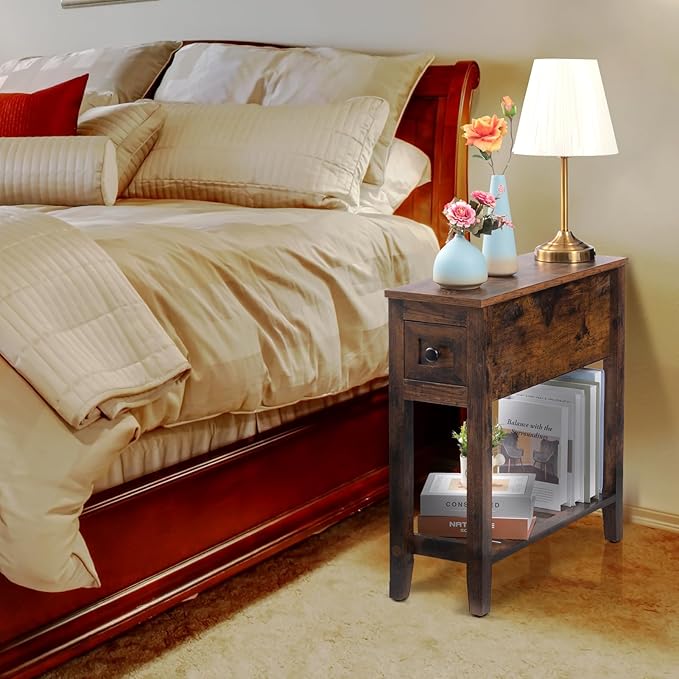 Brown Chairside Narrow End Table, Solid Wood Recliner Side Table - Image 9