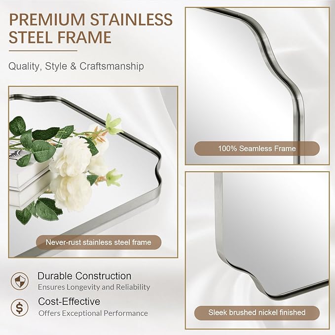 ANDY STAR Scalloped Bathroom Mirror, 24x32’’ Brushed Nickel Rectangle Mirror - Image 2