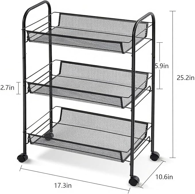 3 Tier Rolling Cart, Mesh Wire Utility Carts, Metal Storage Shelf - Image 2