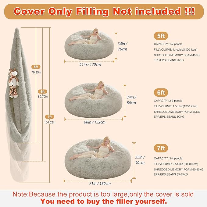 Bean Bag Covers Only, Fluffy Stuffed Beanbag Chair Covers No Filler, Washable - Image 2