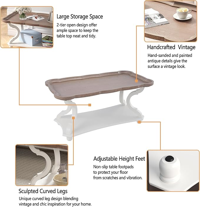 Function Home Farmhouse Coffee Table, Rustic White Cocktail Table - Image 8