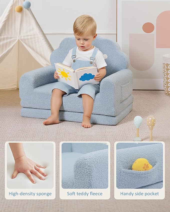 2-in-1 Kids Couch Fold Out, Soft Teddy Sherpa Toddler Couch - Image 4