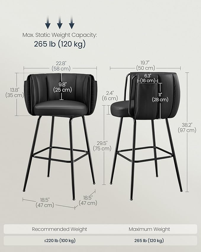 SONGMICS HOME 360° Swivel Bar Stools Set of 2, Barstools - Image 2