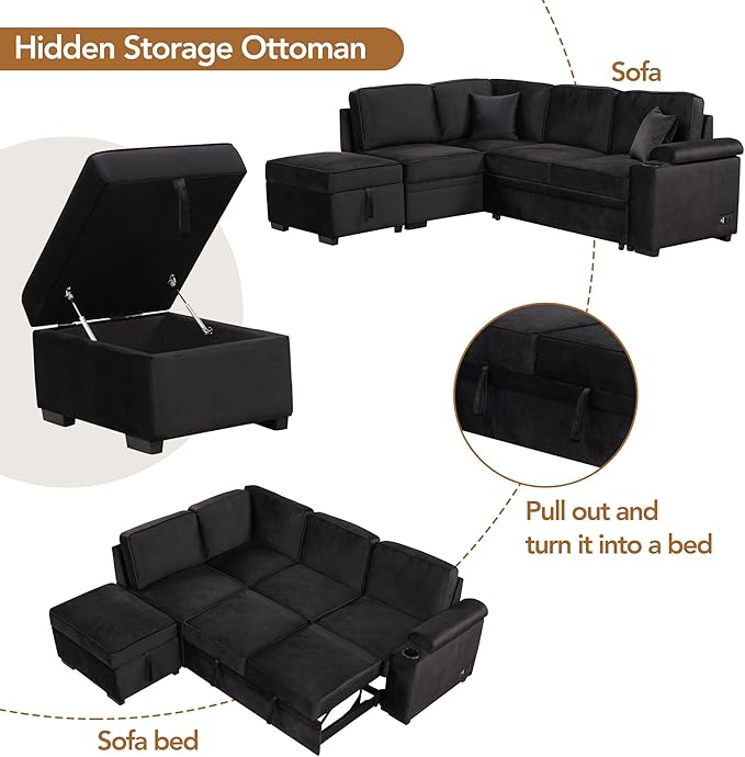 Ball & Cast 84" Convertible Sectional Sofa Bed, L-Shaped Sleeper Couch - Image 6