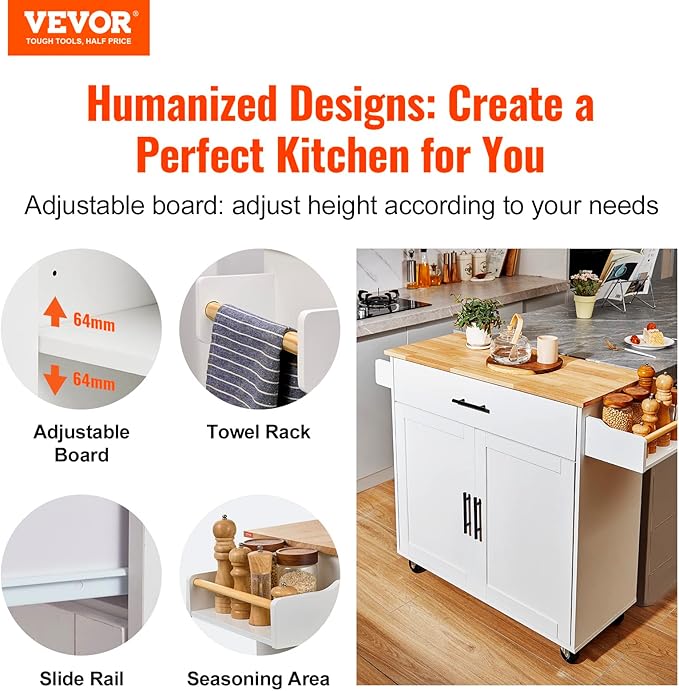 VEVOR Kitchen Island Cart with Solid Wood Top, 35.4" Width Mobile Carts with - Image 2