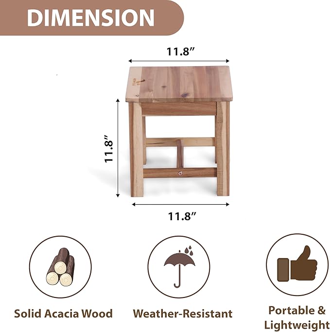 12 Inch Wooden Step Stool, Small Nature Beach Chair Under Desk, Indoor Acacia - Image 3
