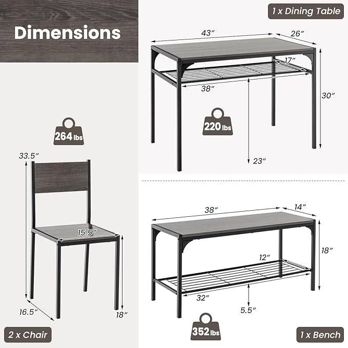 Tangkula Dining Table Set for 4, Kitchen Table and 2 Chairs for 4 - Image 6