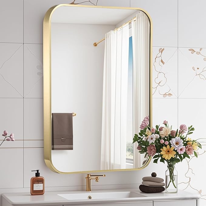 Gold Bathroom Mirror, 48x30 Inch Brushed Gold Mirror, Aluminum Alloy Framed by CLBA