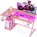 40 Inch Pink Gaming Desk with Power Outlet & LED Lights, Corner Computer Desk by Korfile