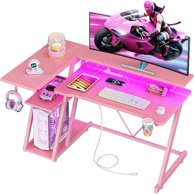 40 Inch Pink Gaming Desk with Power Outlet & LED Lights, Corner Computer Desk by Korfile
